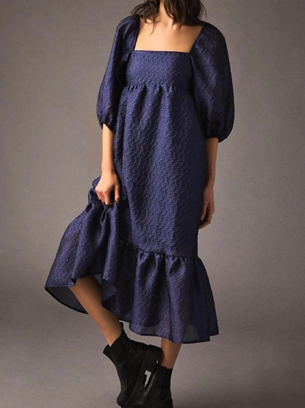 Anthropologie Textured Puff-Sleeve Dress Midi Dress Purple XS
